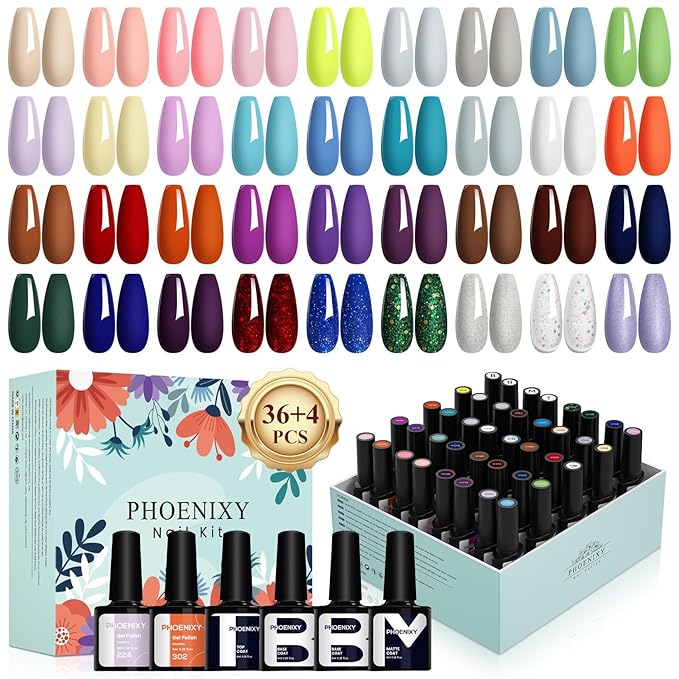 phoenixy 40 PCS Gel Nail Polish Kit, 36 Colors Gel Nail Polish Set with Base Top Coat Pink Blue Red at Home Nail Kit Gifts for Women