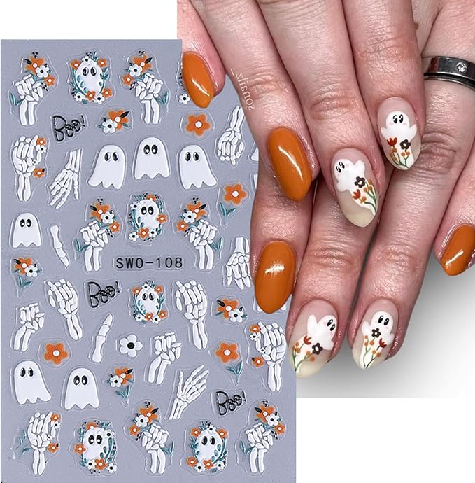 2 Sheets Halloween Nail Art Stickers Decals 5D Embossed Skeleton Rose Nail Decals Black Birds White Ghost Flower Skull Rose Design Halloween Nail Stickers Manicure Accessories for Women Nail Art Decor