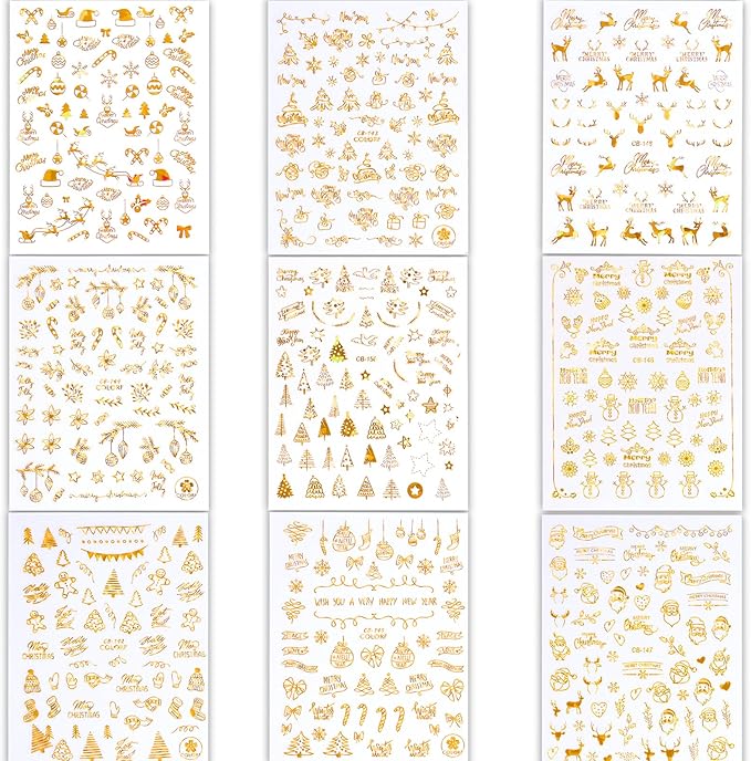 HNUIX Nail Stickers - 3D Christmas, Self Adhesive Nail Decals, Multi Pattern, Gold, 9 Sheets, for Nail Art