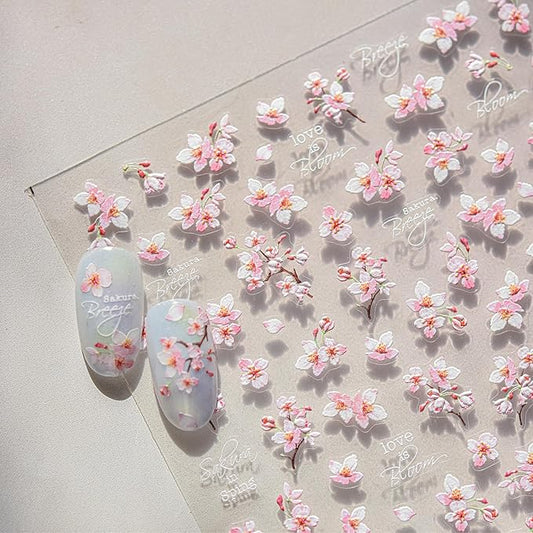 Cherry Blossoms Nail Art Stickers Pink White Flowers Nail Decals for Acrylic Nails 5D Embossed Self-Adhesive Flower Designs Nail Sticker Spring Summer Cute Floral Nail Decal for Women DIY Nail Decor