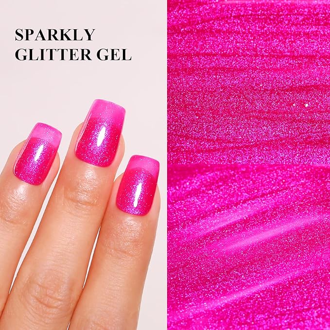 Imtiti Glitter Gel Nail Polish, 15ML Hot Pink Iridescent Glitter Gel Polish Soak Off LED UV Diamond Shimmer Sparkle Nail Gel Polish Fall Winter Manicure Gel Nail Polish Kit