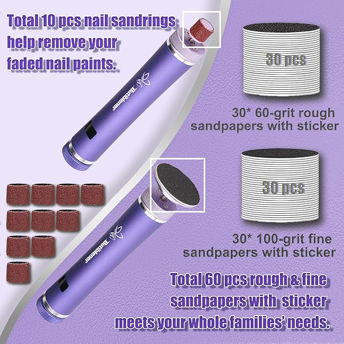 Electric Callus Remover for Feet, Cordless Foot File Pedicure Tool, Foot Sander Nail Grinder with 60+10PCS Sandpapers for Dead Skin Dry Calluses, 3 in 1 Foot Scrubber & Nail File (Purple)