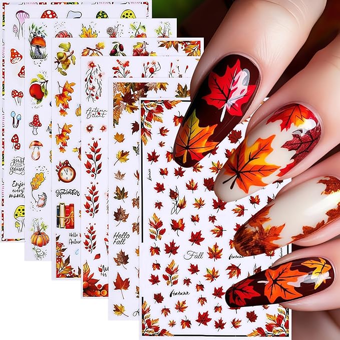 6 Sheets Fall Nail Art Stickers Decals Thanksgiving Day Pumpkin Nail Decals 3D Self-Adhesive Autumn Maple Leaves Pumpkin Design Maple Leaf Nail Art Sticker for Women Holiday DIY Manicure Decoration