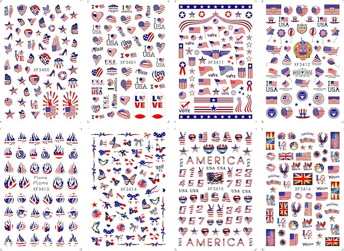 8 Sheets Independence Day Nail Stickers Blue Red Nail Decals Flag Love with Design Nail Decals for Nail Art 3D Self-Adhesive Nail Decoration for Women 4th of July Acrylic Nails Supplies