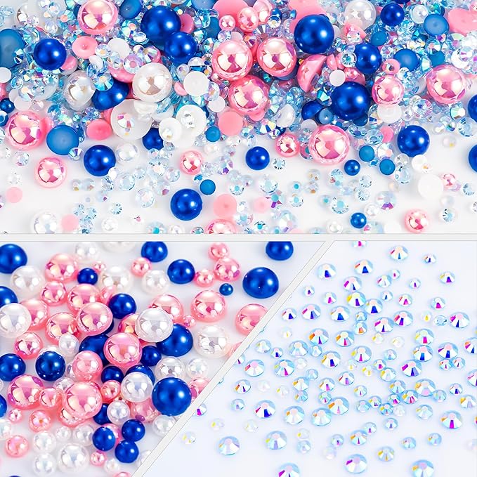 60g Pink Blue Flatback Rhinestones Half Pearls for Crafting, Mixed Size 3mm-10mm Resin Rhinestones for Bedazzling, Small Pearls for DIY Tumblers Mugs Nail Art Shoes Clothes with Glue