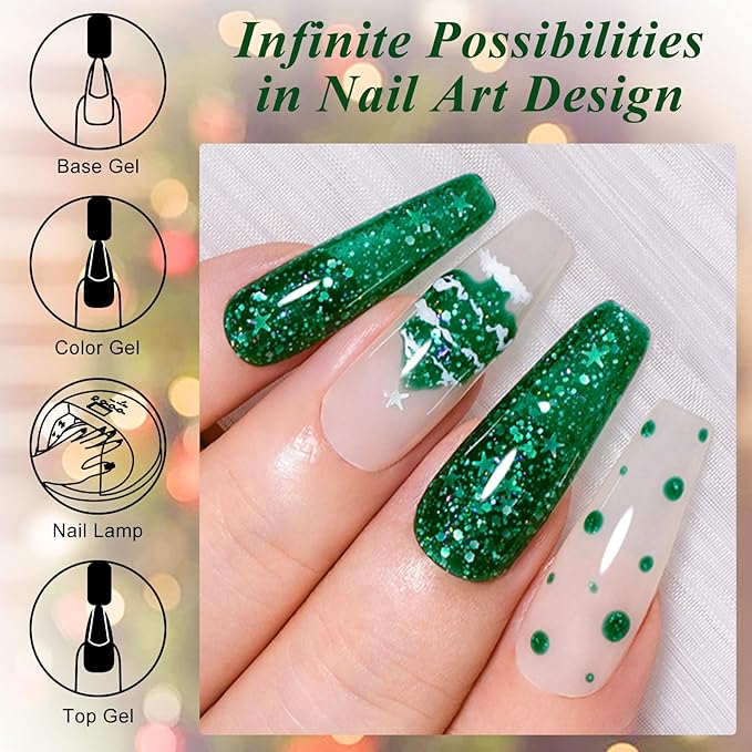 MEET ACROSS 12PCS Gel Nail Polish Set, 12 Colors Gel Nail Kit Art Design Soak Off UV LED,Nail Art Design Gifts for Women (Red Green, 12PCS)
