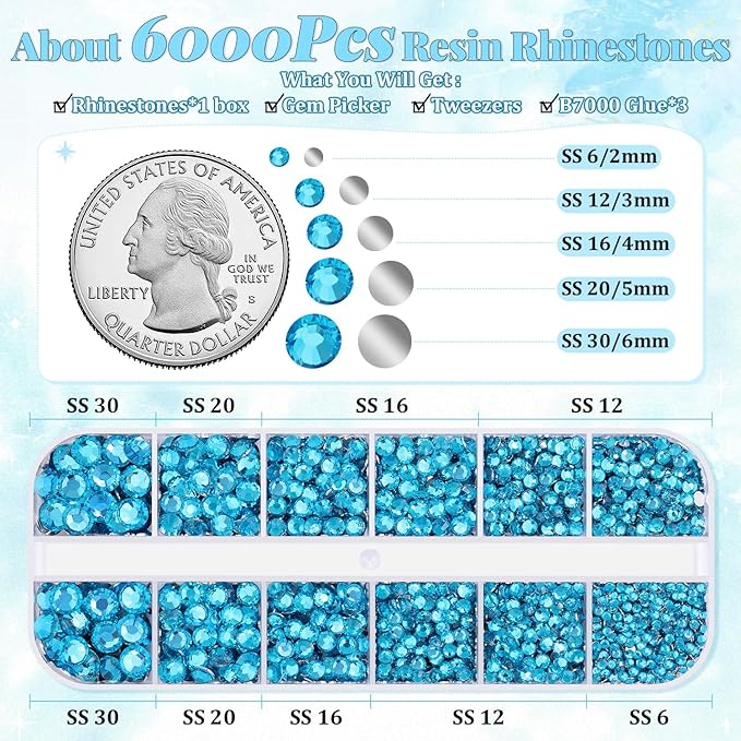 6000Pcs Resin Rhinestones for Bedazzling with 3Pcs B7000 Jewelry Glue, 1 Box Indicolite Flatback Rhinestones for Crafting Crafts DIY, Crystals Gems for Clothing Shoes Tumblers Nail Art Makeup