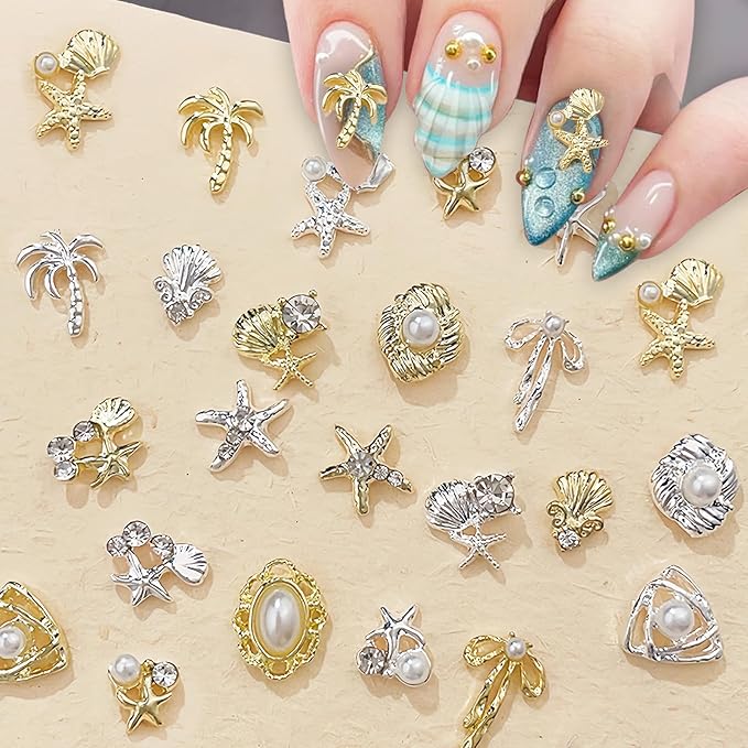24Pcs Gold Starfish Seashell Charms for Nails Alloy Summer Beach Nail Rhinestones Ocean Theme Nail Art Jewelry Coconut Tree Starfish Pearl Nail Supplies for Nail Art Designs DIY Manicure Decoration