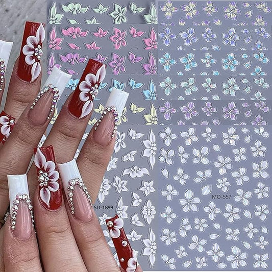Acrylic Flowers for Nail Stickers - 12PCS 5D Embossed Petal Floral Nail Art Decals Aurora Shell Shinny Lily Hibiscus Sticker Tropical Summer Designs DIY Nail Art Supplies for Women Girls
