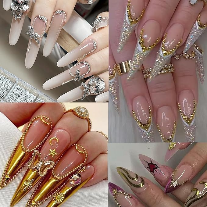 Mini Small Nail Beads Silver Gold Nail Charms and Gems Ball Metal Caviar Bead, Nail Chain for Nail Art Accessories Supplies Gold Rhinestones for Women Manicure 2