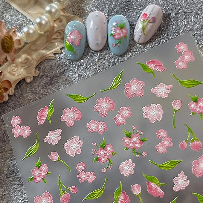Flower Nail Stickers for Nail Art - Peach Blossom Nail Art Sticker Floral Embossed Nail Decals Self-Adhesive Nails Supply Manicure Stickers for Nails Decoration