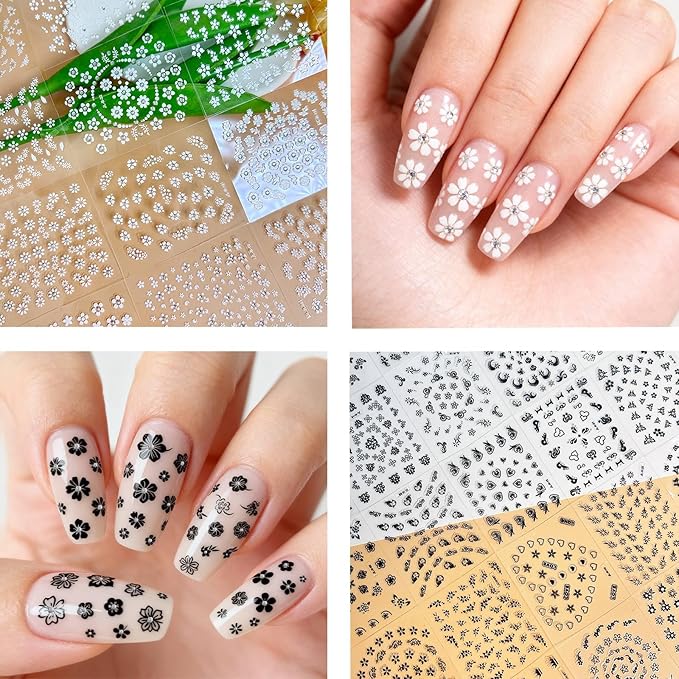 30 Sheets Flower Nail Art Stickers White Black Colorful 3D Self-Adhesive Nail Decals for Women Girls, DIY Manicure Designs Fake Nails Decorations Salon Supplies