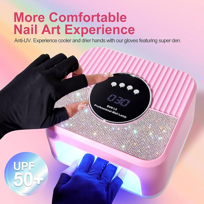 LimeGirl UV LED Nail Lamp Kit for Gel Polish Professional Fast Curing Pink Dryer Light Set with UV Protection Gloves Cordless Rechargeable Nail Art Cure Machine for Manicure Pedicure at Home and Salon
