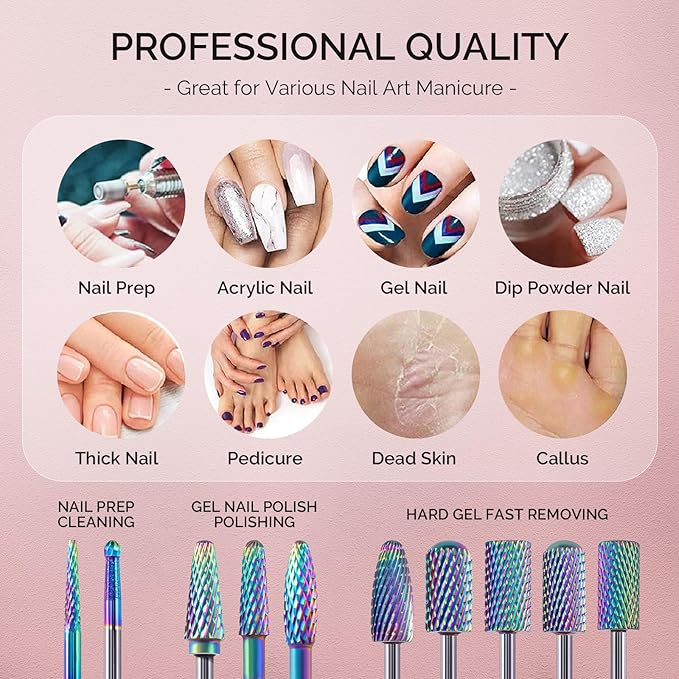 MelodySusie Nail Drill Bits Set, 10pcs Tungsten Carbide Nail Bits for Nail Drill E-file, 3/32 inch Bits Manicure Pedicure Remover Tools for Acrylic Gel Nails, Salon Home Nail Care Supplies, Colorful
