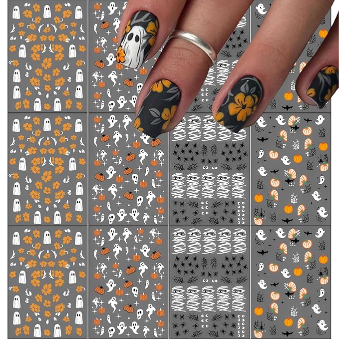 12sheet Halloween Nail Art Stickers Decals Flower 3D Self-Adhesive Nail Stickers with Mummy Ghost Design Nail Stickers for Nail Art Spider Web Pumpkin Nails Supplies for Women Manicure Decor