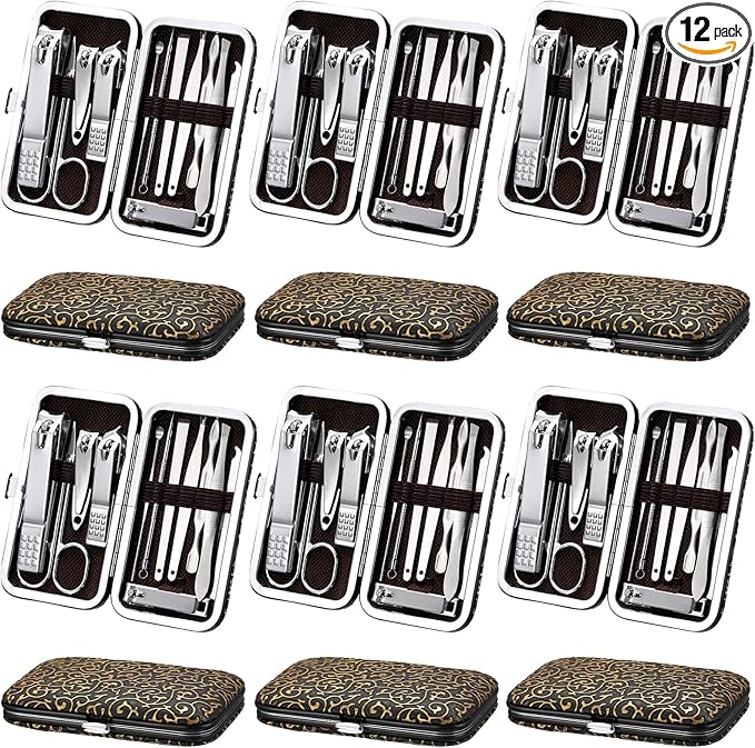 Geosar 12 Sets Christmas Stocking Stuffer Manicure Set Nail Clippers Set Pedicure Kit 12 in 1 Stainless Steel Professional Grooming Kits Nail Care Tools with Travel Case for Xmas Gifts(Modern Style)