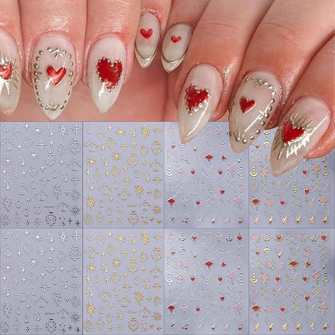 8 Sheets Gold and Silver Heart Shape Nail Art Stickers 3D Moon Sun Star Nail Stickers Self-Adhesive Retro Gold and Silver Clouds Little Stars Design Women DIY Nail Manicure Decoration