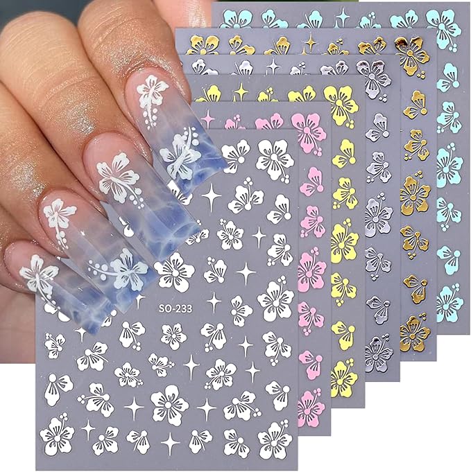 6Sheets Flower Nail Stickers for Nail Art, Hibiscus Flowers Nail Decals White Pink Gold Flower Star Pattern Flowers Nail Design 3D Self-Adhesive Hibiscus Nail Art Stickers Manicure Tips for Women