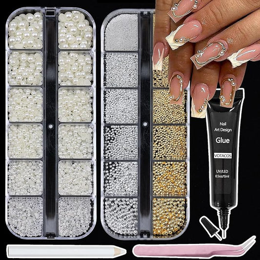 Nail Art Pearls with Rhinestones Glue Gel Flatback Pearls Nail Charms Gold Nails Supplies Accessories Silver Nails Gems Jewelry Pearl for Women