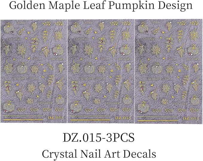 Fall Nail Art Stickers Autumn Pumpkin Maple Leaf Crystal Nail Decals 3PCS Gold Fall Leaf Pumpkin Heart Nail Design Adhesive Stickers Nail Art Supplies for Thanksgiving Day DIY Nail Decoration