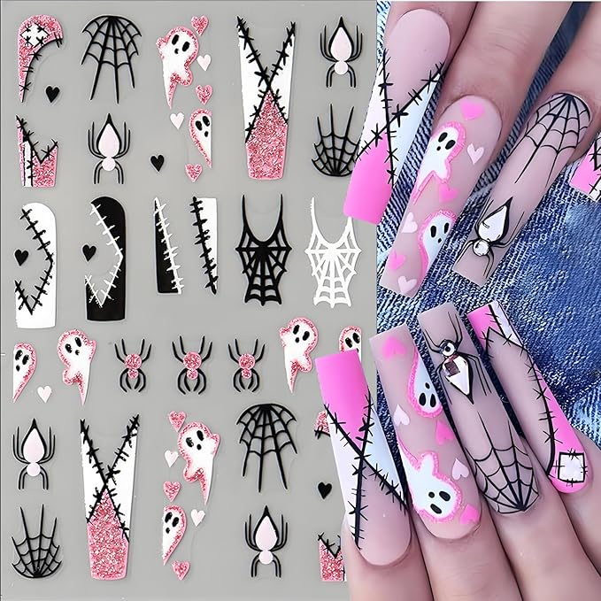 Halloween Nail Art Stickers, Cute Ghost Nail Art Decals 3D Self-Adhesive Spider Bat Pumpkin Cat Skull Spider Web Nail Design 6PCS Halloween Nail Art Supplies for Women Nail Decoration