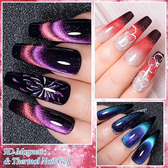 MEET ACROSS 8pcs Nail Polish Set, Soak off UV LED Lamp Cat Eye Gel Set Home Manicure Kit 7ml (Glitter Temper + 9D Cat Eye Gel)