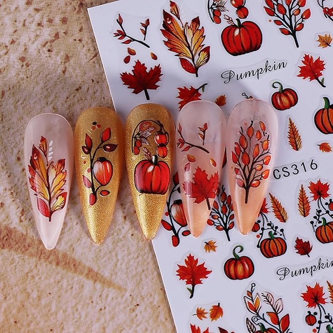 Fall Nail Art Stickers Decals 6Pcs Pumpkin Maple Leaves Nail Decals 3D Self-Adhesive Autumn Fallen Leaves Nail Stickers Cute Harvest Thanksgiving Day Manicure Sliders for Women Nails Art Decorations