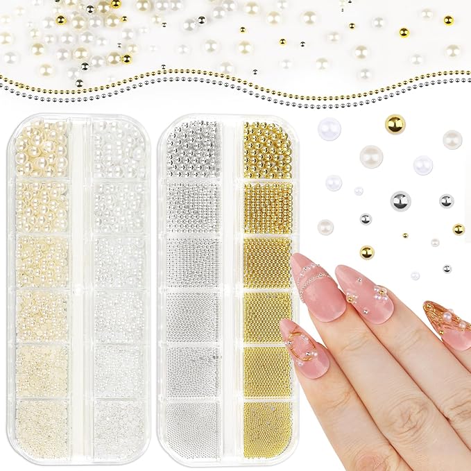 2 Boxes Sparkling Nail Pearls/Beads Kit, 1.5-5mm Beige & White Flatback Pearls and 0.8-3mm Silver & Gold Nail Caviar Beads for Women DIY Manicure Crafts (10-S2-Pearls)
