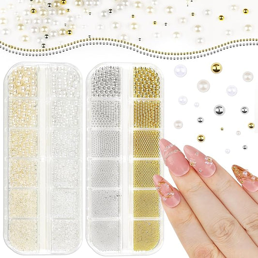 2 Boxes Sparkling Nail Pearls/Beads Kit, 1.5-5mm Beige & White Flatback Pearls and 0.8-3mm Silver & Gold Nail Caviar Beads for Women DIY Manicure Crafts (10-S2-Pearls)