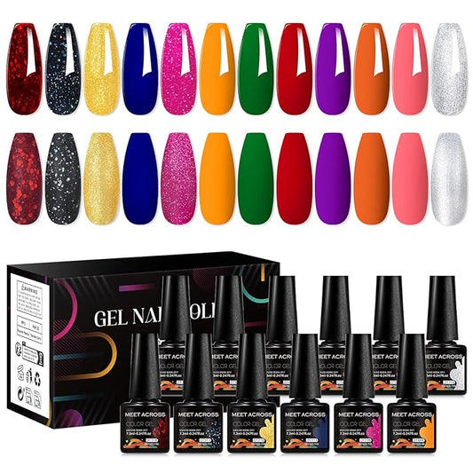 MEET ACROSS 12pcs Gel Nail Polish Set,Soak Off UV LED Lamp Gel Nail Polish Kit,Fashion Shimmer Nail Art Design Gifts for Women Manicure Salon (Base Series)