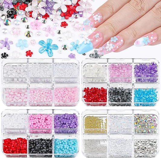 4 Boxes 3D Flower Nail Charms and Gems - Colorful Nail Flower Charms Crystal AB Clear Gemstones Silver/Gold Caviar Beads White/AB Pearls for Women DIY Manicure Crafts (21-S4-Colorful1)