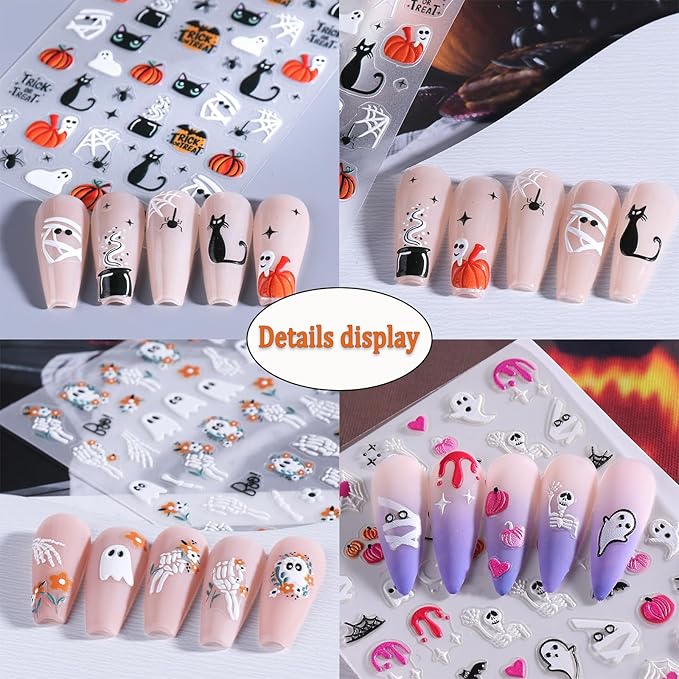 Halloween Nail Art Stickers 5D Self-Adhesive Mummy Spider Web Scary Black Spider Pumpkin Nail Stickers Ghost Skeleton Design Nail Decals for Halloween Party DIY Manicure Decorations 3 Sheets