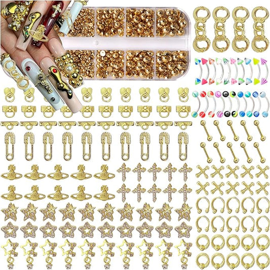 154PCS Gold Nail Charms for Acrylic Nails,Star Planet Cross Handcuffs Pins Doorknobs Puncture Golden Half Round Pearl Nail Accessories Nail Art Supplies Manicure Craft DIY
