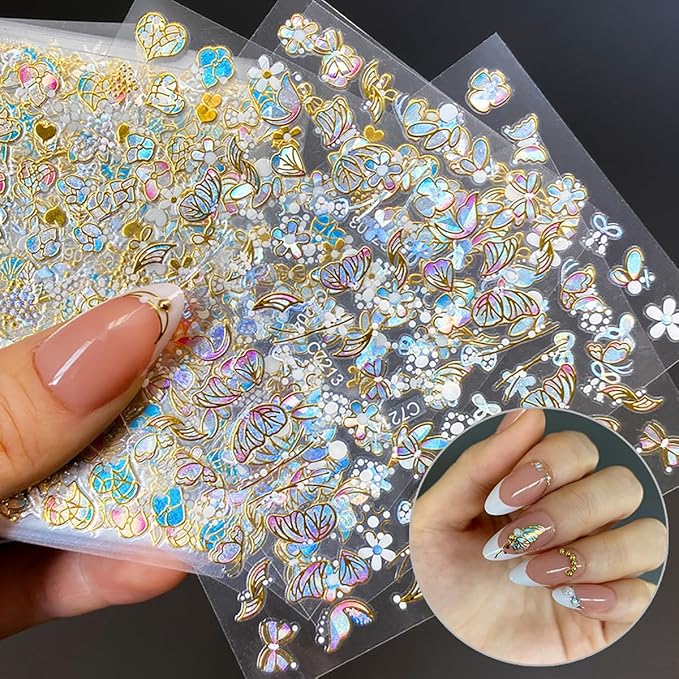 20 Sheets Butterfly Flower Nail Art Stickers Spring Summer Butterfly Nail Art Design Decals 3D Self-Adhesive Colorful Butterflies Nail Sticker Designer Nail Charms for Women DIY Nail Decoration