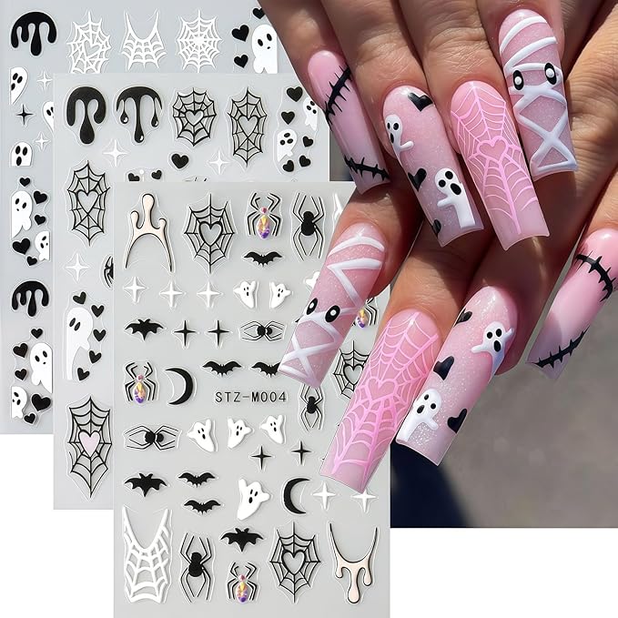 Halloween Nail Stickers 6 Sheets Bat Nail Stickers 3D Self-Adhesive Blood Spider Web Heart Spider Bat Nails Design Ghost Nail Decals Halloween Bats Ghost Sticker for Holiday DIY Manicure Decorate
