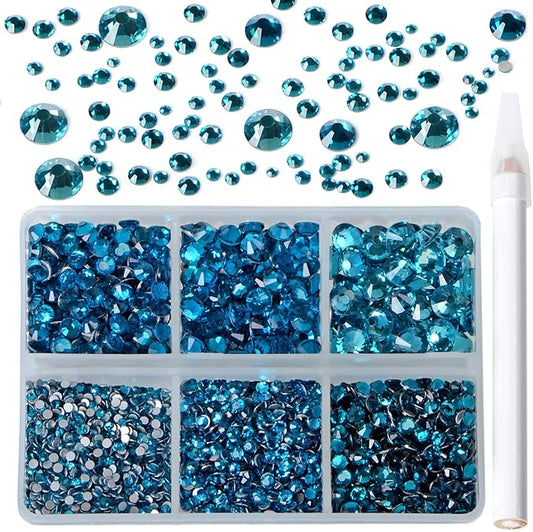 Bymitel 5000 Pieces 6 Mixed Sizes Glue Fix on Glass Rhinestones Round Crystal Gems Flatback for DIY Jewelry Making with one Picking Pen (6-Sizes 5000PCS, Blue Zircon)