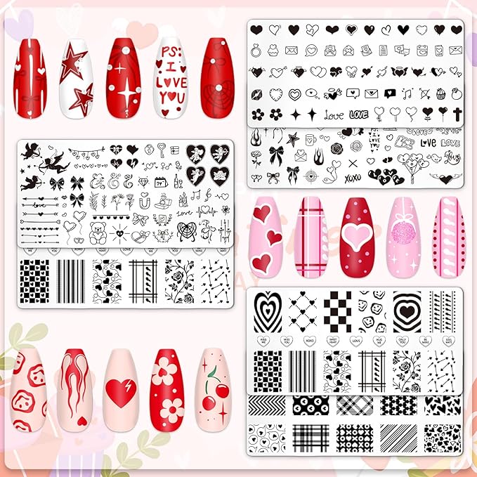 Whaline 6Pcs Happy Valentine Nail Plates Stamping Set Love Heart Stamp Templates Nail Art Plates for DIY Print Manicure Salon Design