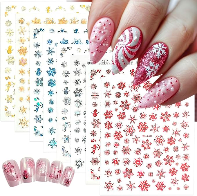 8 Sheets Christmas Snowflake Nail Art Stickers Red Blue Silver Gold Glitter Nail Design Decals 3D Self Adhesive Winter Snowman Nail Stickers Xmas Holiday Acrylic Nails Art Supply for Women Manicure
