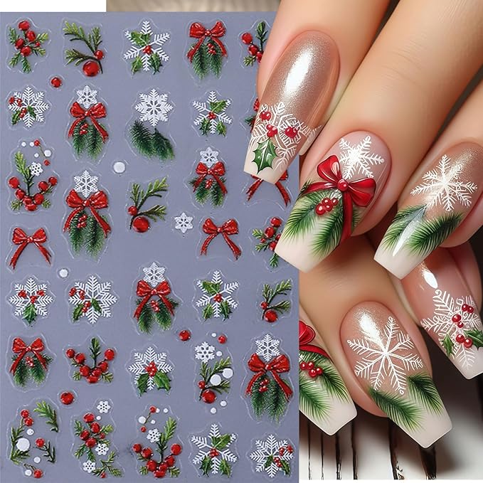 3 Sheets Christmas Nail Art Stickers 5D Micro Embossed Red Bow Holly Leaf Nail Decals Winter Purple Christmas Tree Snowmen Snowflake Design Santa Hat Nail Supplies for Women Holiday Manicure DIY