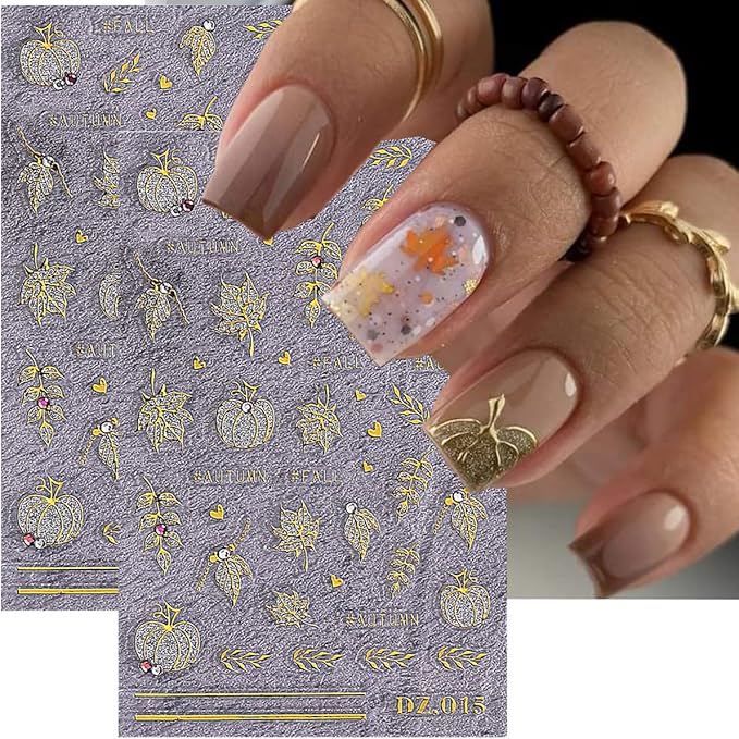 Fall Nail Art Stickers Autumn Maple Leaf Nail Decals with Rhinestone 3PCS Gold Maple Leaves Pumpkin Nails Design Self-Adhesive Fall Nail Stickers for Women Thanksgiving Day Manicure Nails Decoration
