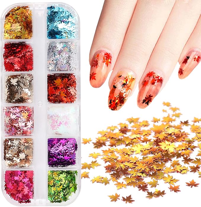 12 Colors Fall Nail Art Stickers Maple Leaf Nail Glitter Sequins 3D Nail Art Accessories Autumn Leaf Shape Flakes Holographic Gold Red Maple Leaves Paillettes Designs Acrylic Nails Supply Kit