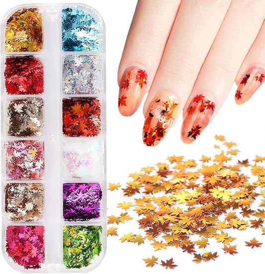 12 Colors Fall Nail Art Stickers Maple Leaf Nail Glitter Sequins 3D Nail Art Accessories Autumn Leaf Shape Flakes Holographic Gold Red Maple Leaves Paillettes Designs Acrylic Nails Supply Kit