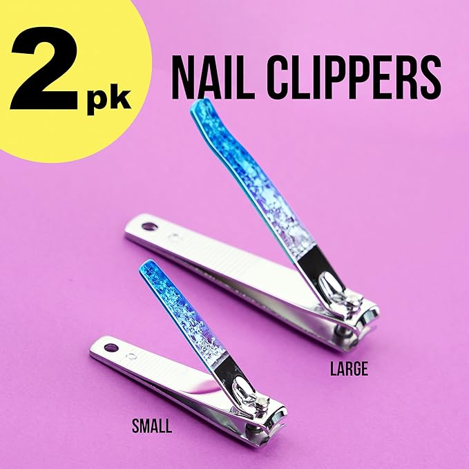 2pc Nail Clipper Set - Big & Small Precision Nail Clippers Value Pack, Water-Resistant Pink Nail Clippers with Comfortable Silicone Grip (Blue)
