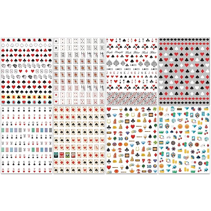 8 Sheets Poker Nail Art Stickers - Playing Card & Vegas Casino Theme Self-Adhesive 3D Nail Decals for DIY Slot Machine Winner Manicure