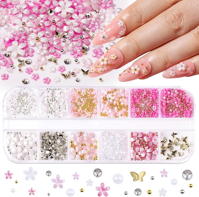 3D Flower Nail Charms and Gems with Nail Beads & Butterfly - Rose/White/Pink Flowers + Gold/Silver Caviar Beads + White Rhinestones Half Pearls + Metal Gold Butterfly for DIY Nails (3-S1-Glitter)