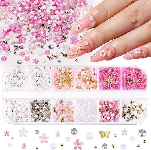 3D Flower Nail Charms and Gems with Nail Beads & Butterfly - Rose/White/Pink Flowers + Gold/Silver Caviar Beads + White Rhinestones Half Pearls + Metal Gold Butterfly for DIY Nails (3-S1-Glitter)