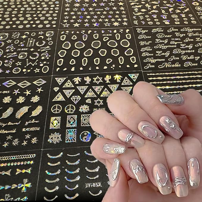 30 Sheets Silver Nail Art Stickers Aurora Star Moon Nail Decals 3D Self-Adhesive Holographic Line Nail Stickers Laser Heart Letter Snowflake Leaf Nail Supplies for Women Girls Manicure DIY