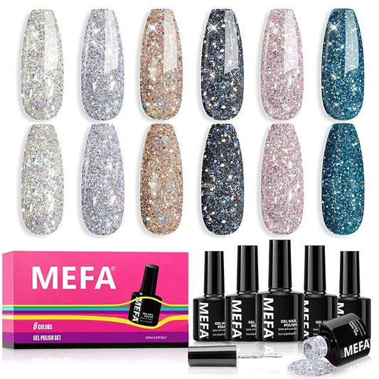 MEFA Glitter Gel Nail Polish Set 6 Colors, Chrome Platinum Sparkly Shiny Black Silver Champagne Turquoises Gel Polish Kit Soak Off Nail Art Design Salon at Home DIY Manicure Kit Gifts for Women