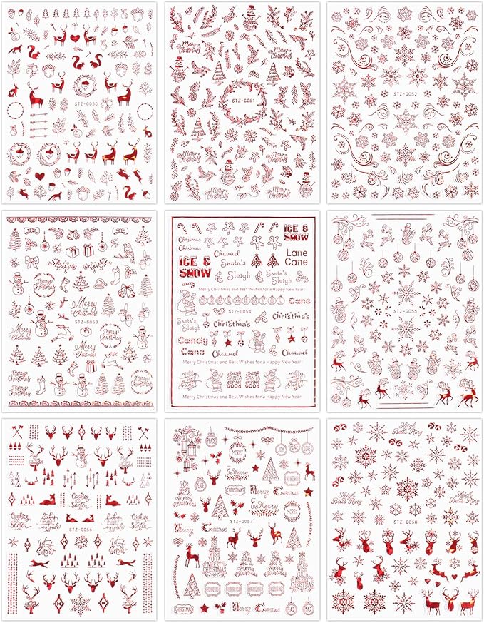 9 Sheets Christmas Nail Art Stickers Decals Self-Adhesive Pegatinas Uñas Navidad Holiday Red Xmas Snowflake Winter Nail Supplies Nail Art Design Decoration Accessories
