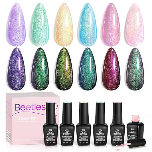 Beetles Glitter Gel Nail Polish Set – 6 Colors Soak Off UV LED Sparkle Gel Polish Kit, Purple Yellow Green Red Pink Glitter Nail Gel for Nail Art, Overlay or Base DIY Manicure and Salon Use